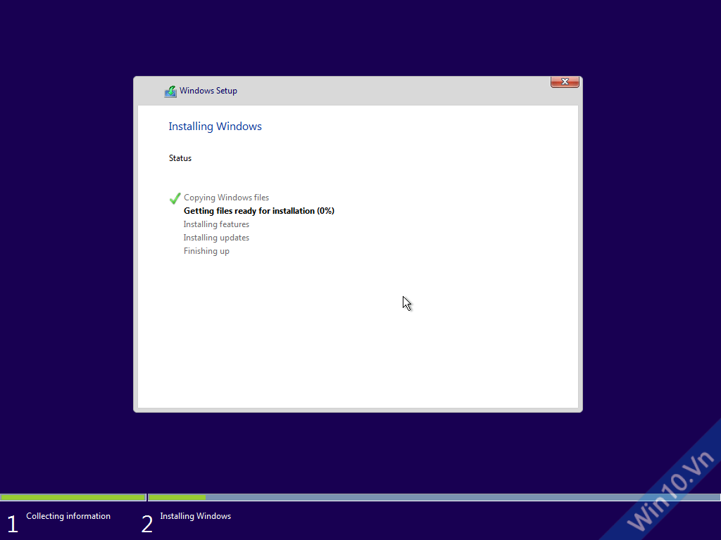 quá trình cài đặt windows 10 diễn ra, sau khi cài xong máy tính sẽ được khởi động lại chuyển vào tùy chọn win 10