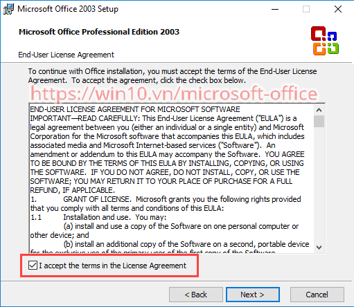 I accpet the terms in the License Agreement office 2003