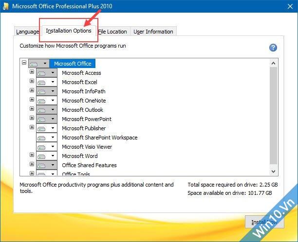 Lựa chọn chương trình Office 2010 muốn cài