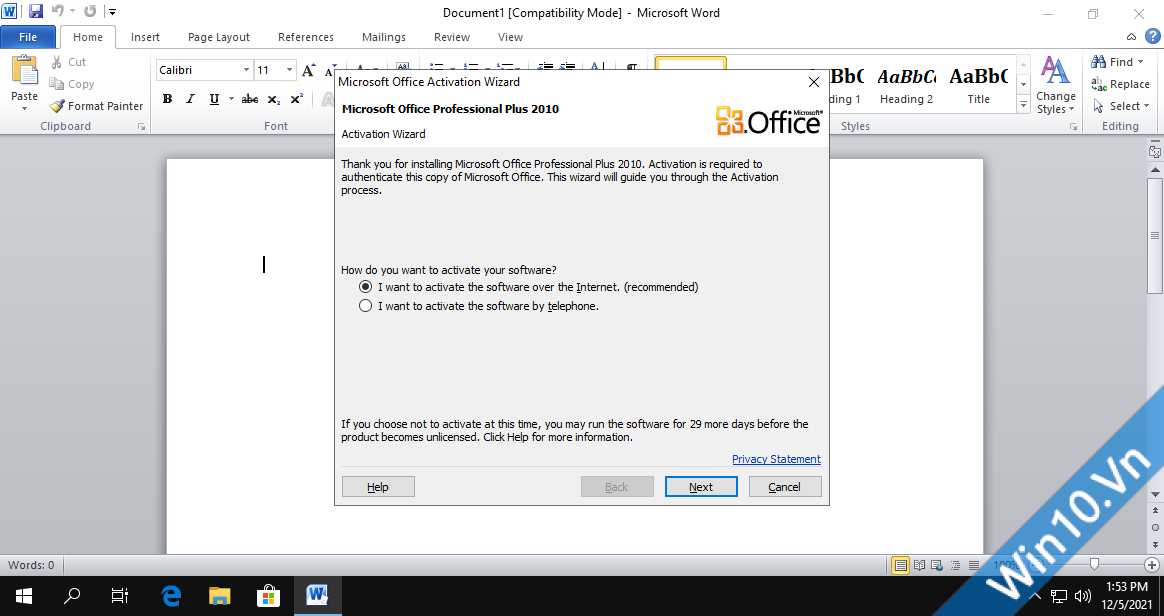 Office 2010 Pro Plus chưa kích hoạt