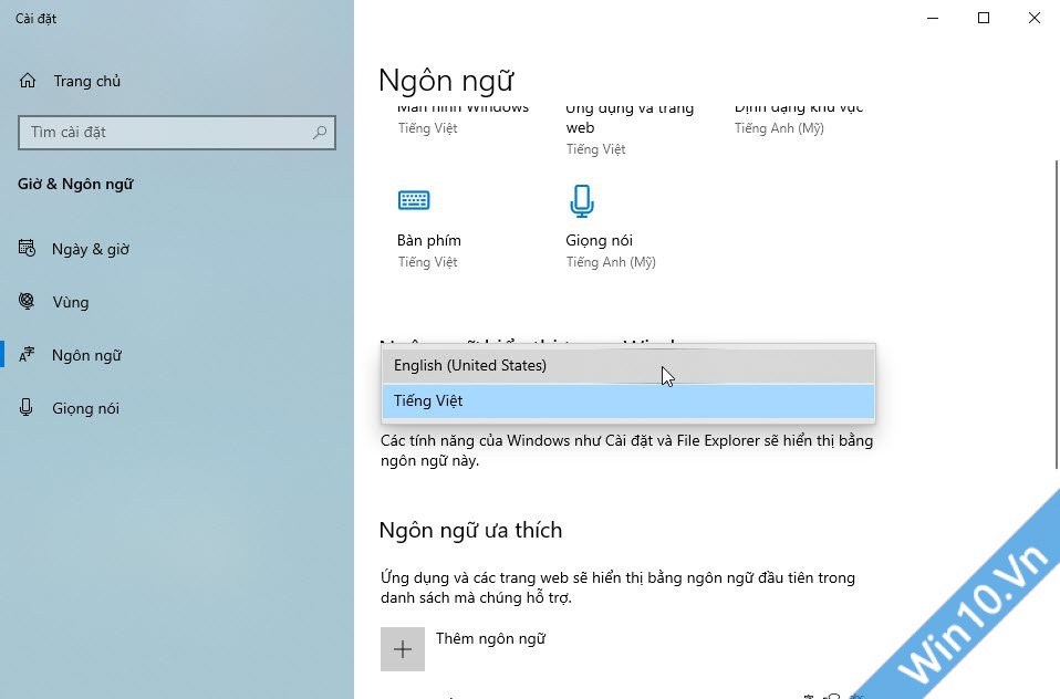 Chọn ngôn ngữ hiển thị Windows 10