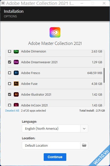 Chọn phần mềm muốn cài Adobe Master Collection 2021 v11
