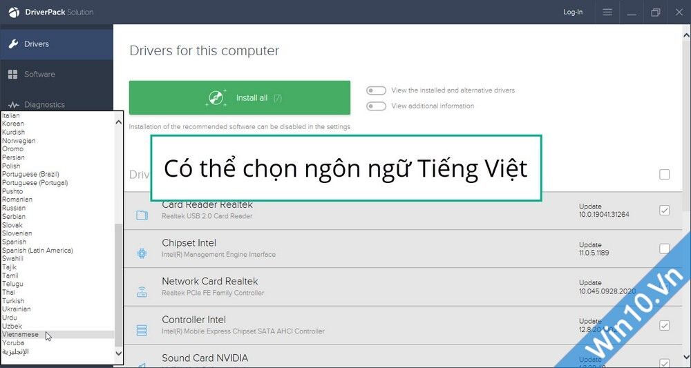DriverPack Solution chọn tiếng Việt