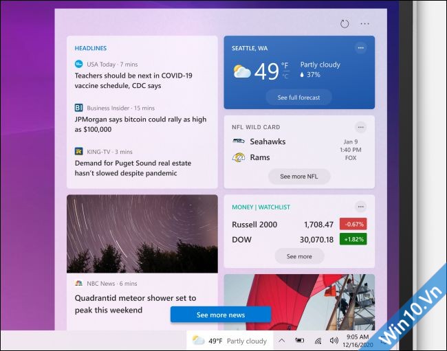 Thời tiết và Tin tức trên Thanh tác vụ Windows 10 21H2